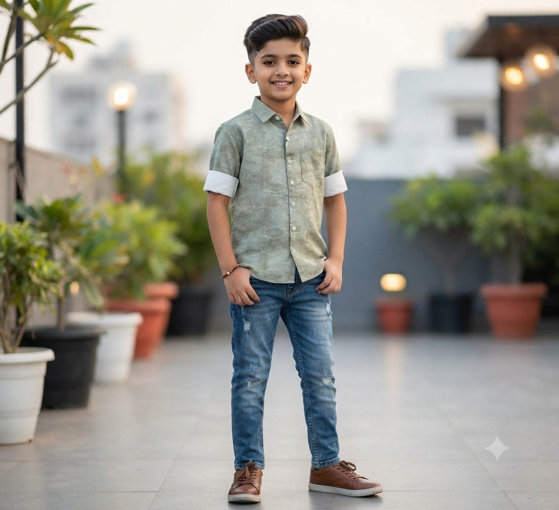 Boys Light Grey Abstract Printed Casual Shirt