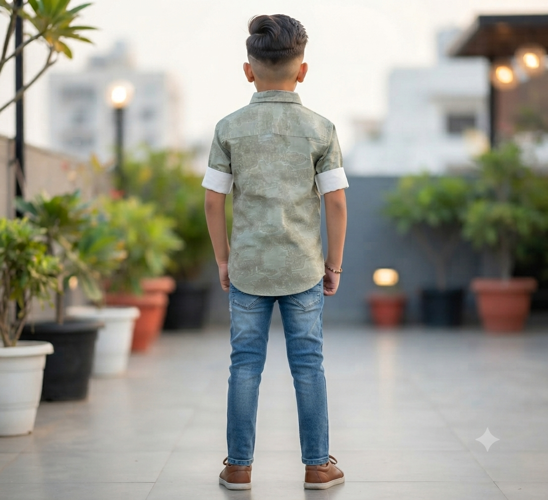Boys Light Grey Abstract Printed Casual Shirt