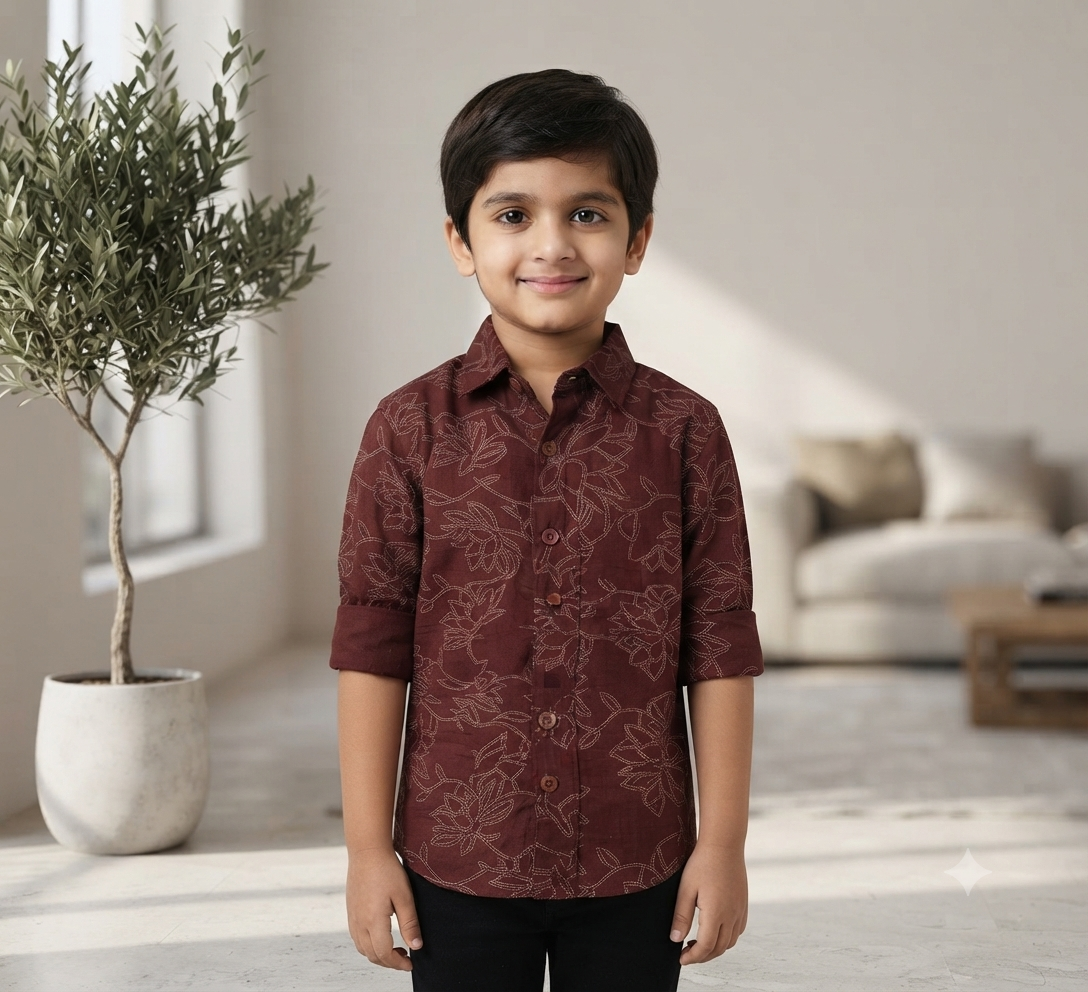 Boys Maroon Floral Print Casual Shirt