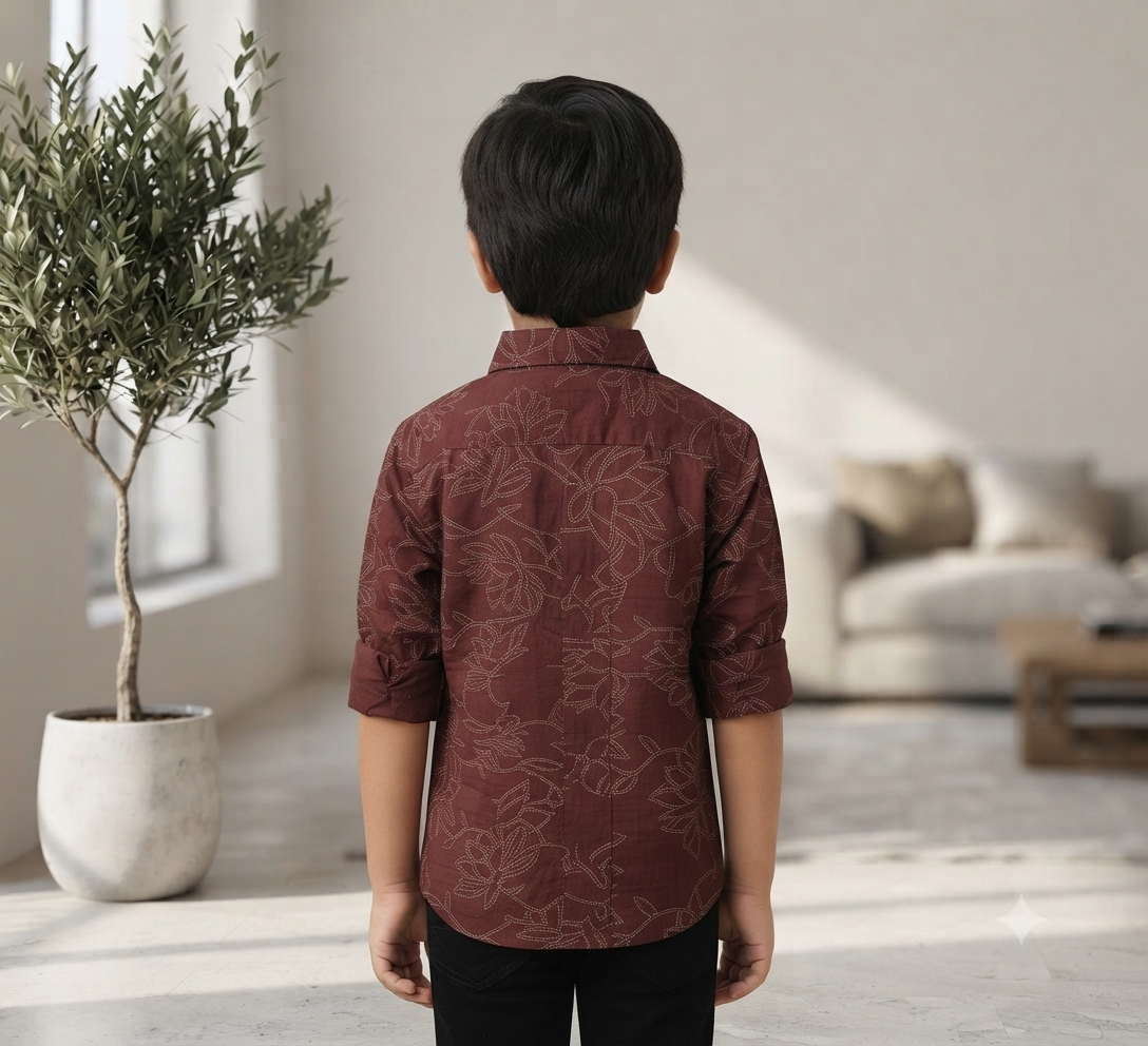 Boys Maroon Floral Print Casual Shirt