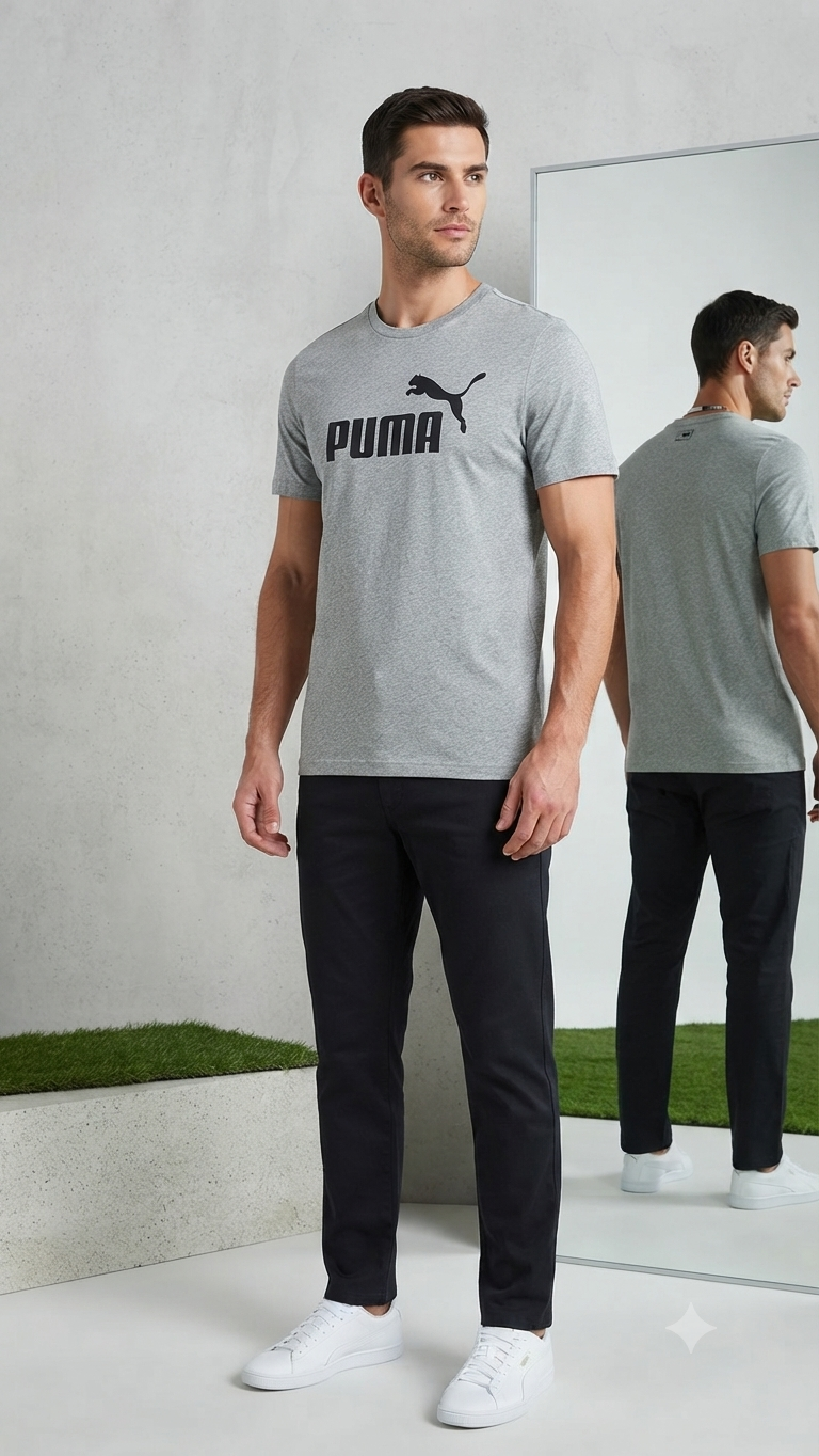 PUMA Men’s Light Grey Heather Logo Printed Round Neck T-Shirt