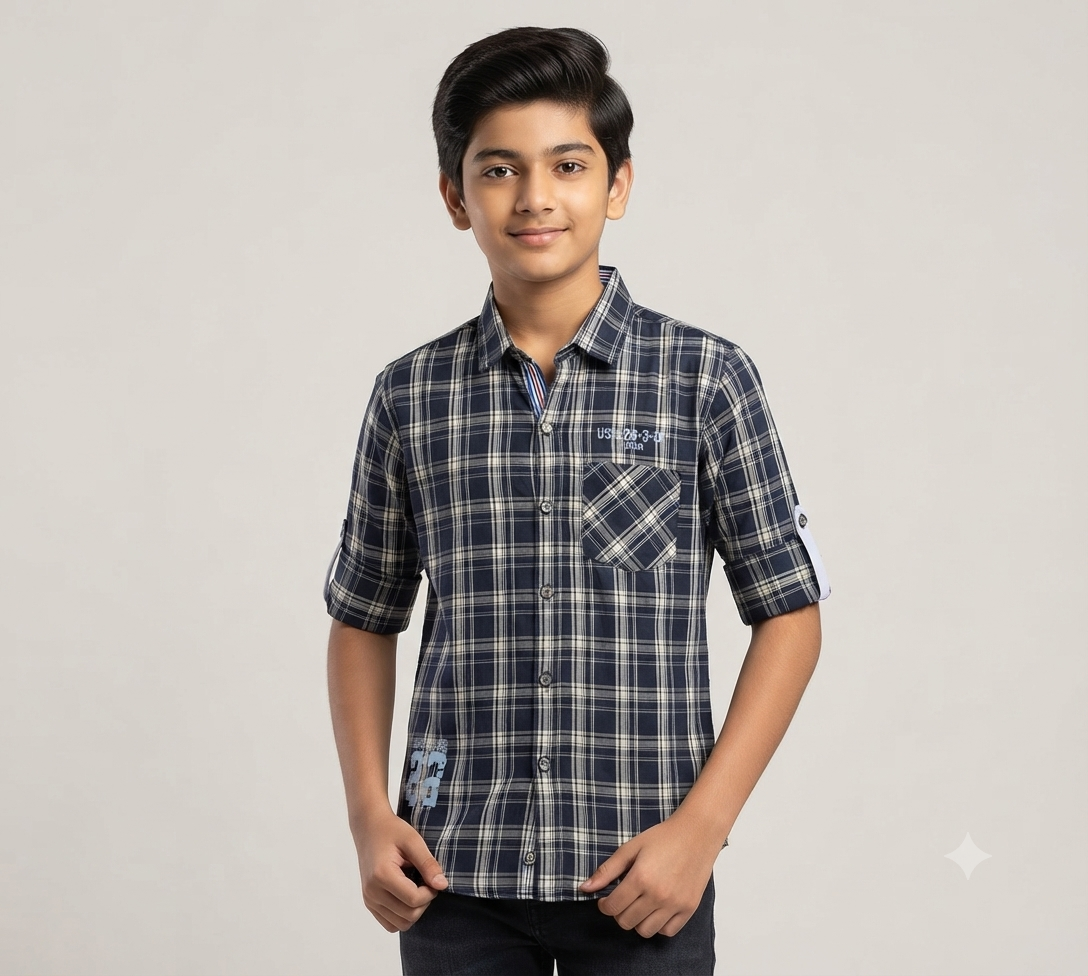 Boys Navy Blue Plaid Checked Casual Shirt