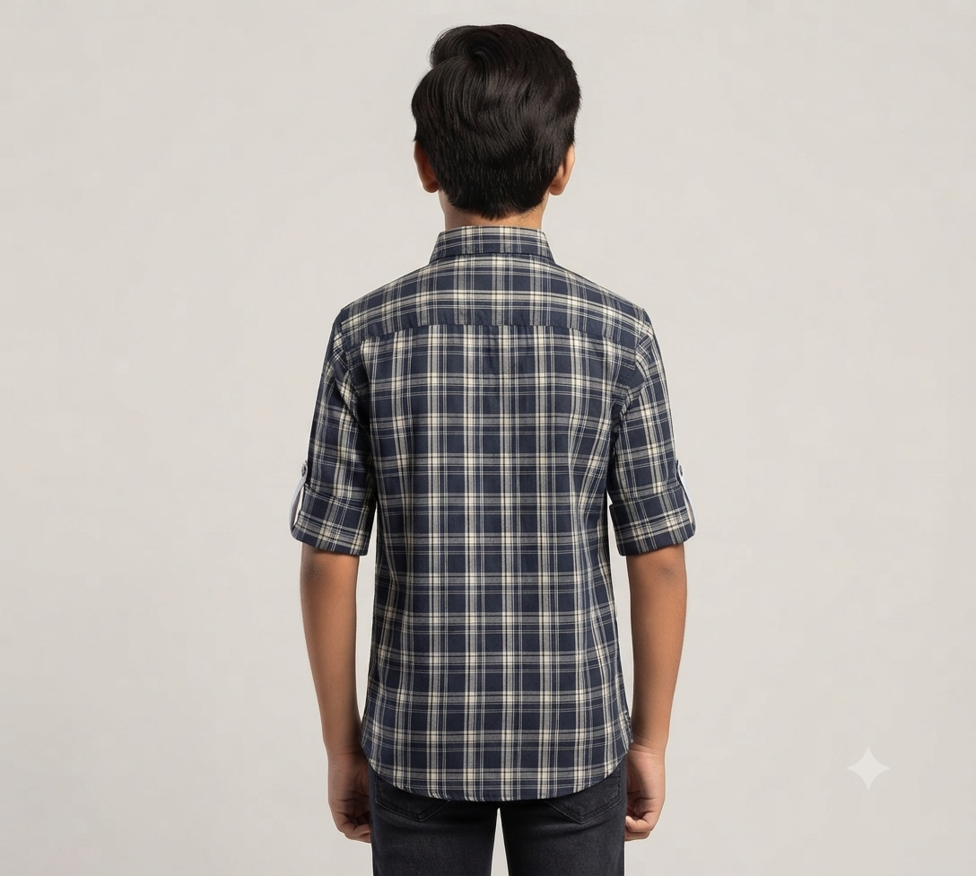 Boys Navy Blue Plaid Checked Casual Shirt