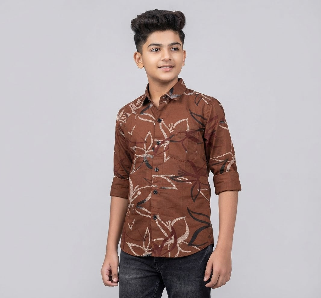 Boys Brown Floral Print Casual Shirt