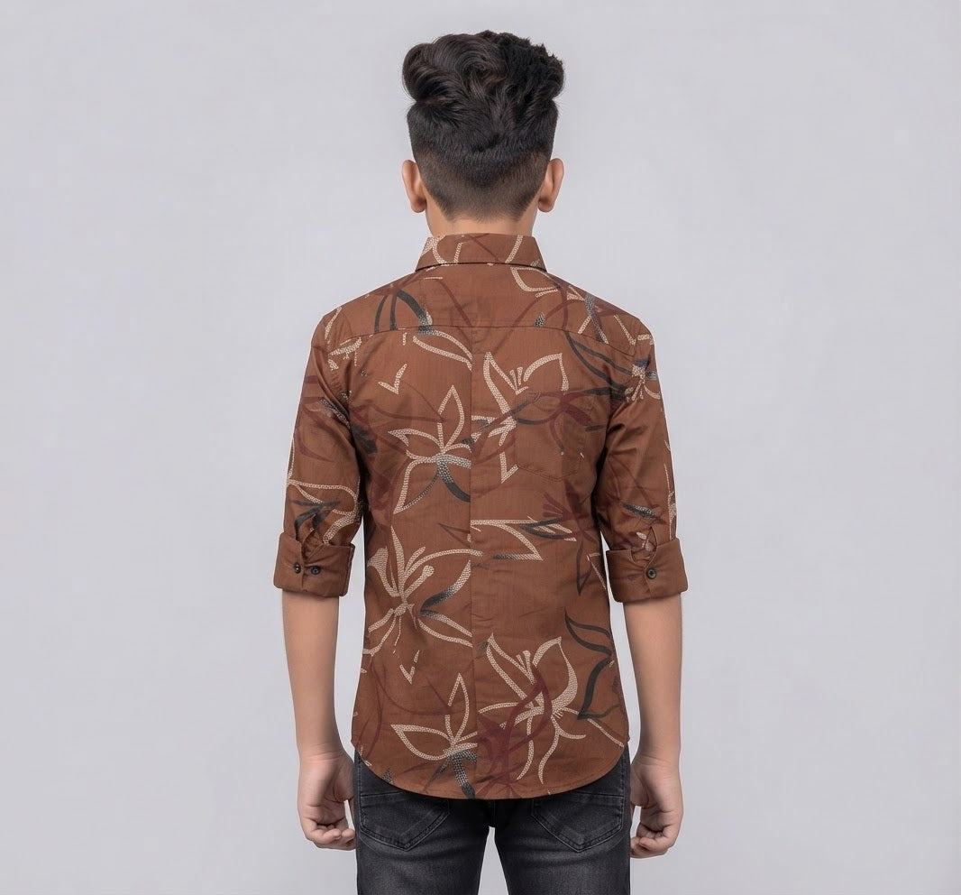 Boys Brown Floral Print Casual Shirt