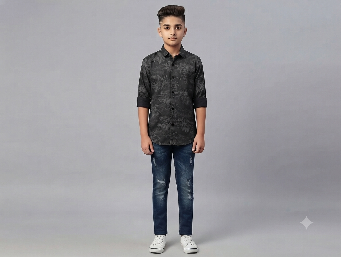 Boys Black Leaf Print Casual Shirt
