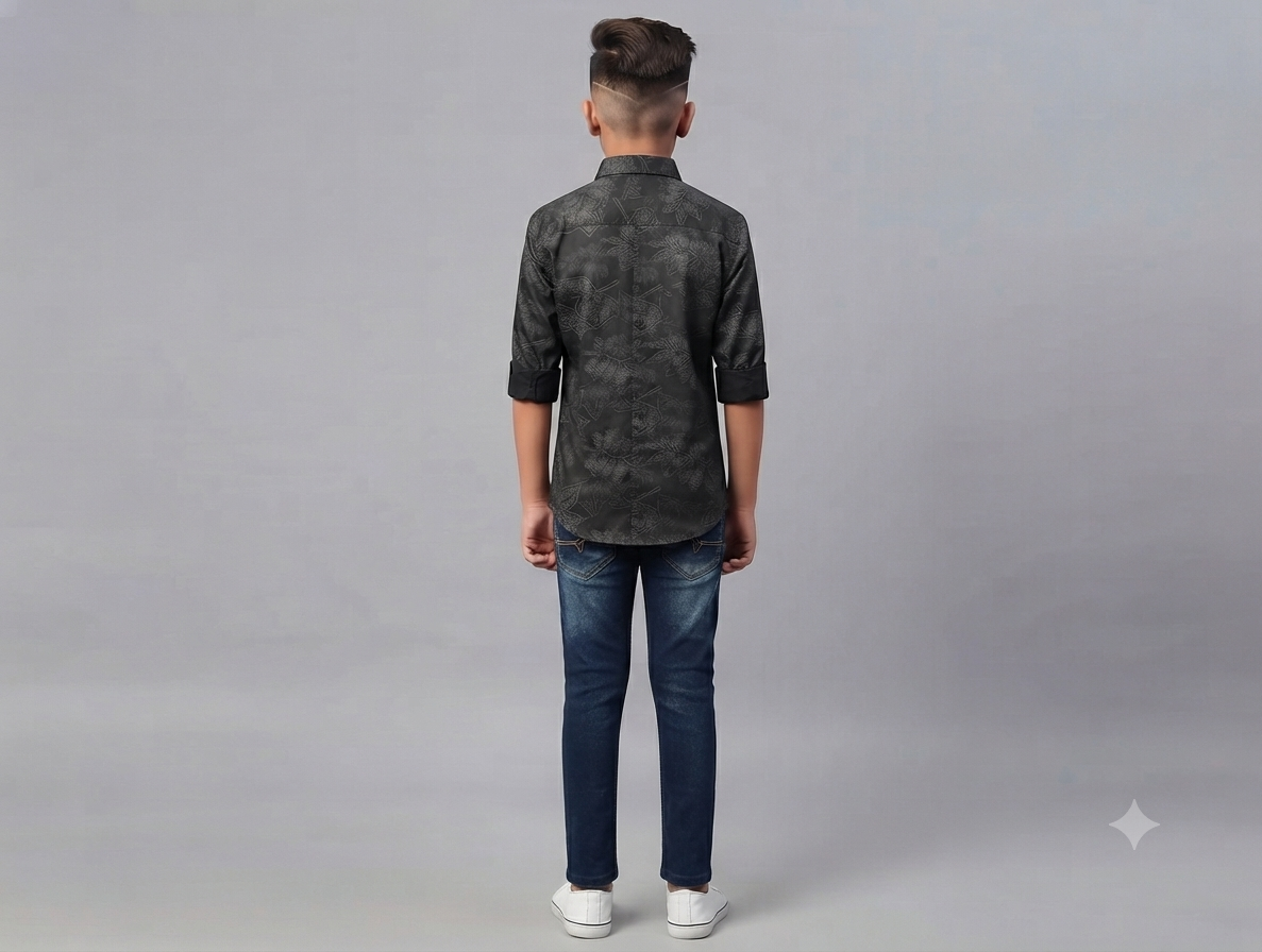 Boys Black Leaf Print Casual Shirt