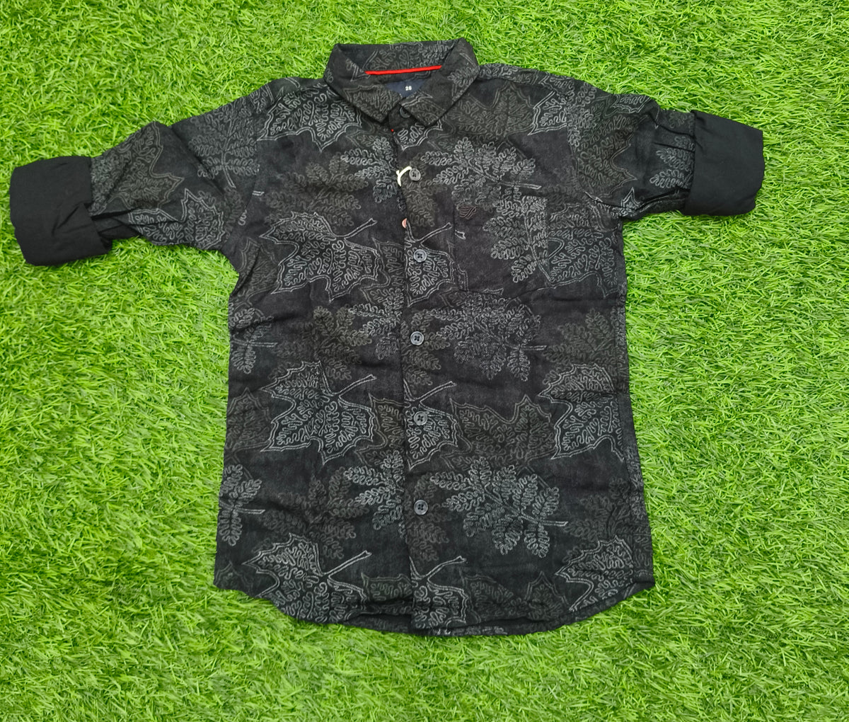Boys Black Leaf Print Casual Shirt