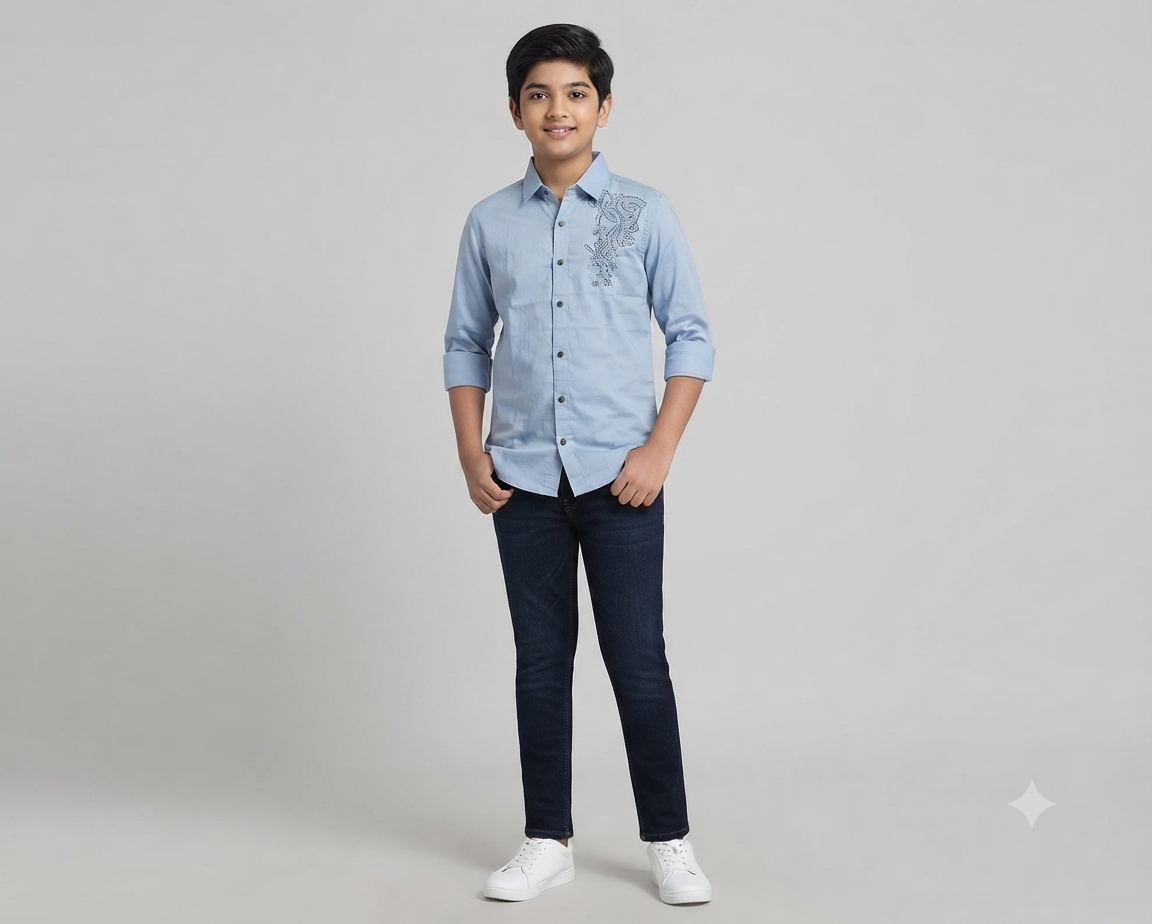 Boys Light Blue Embellished Casual Shirt