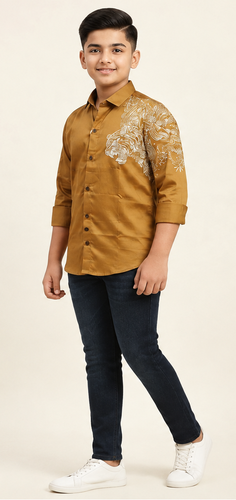 Boys Khaki Brown Tiger Embroidered Casual Shirt