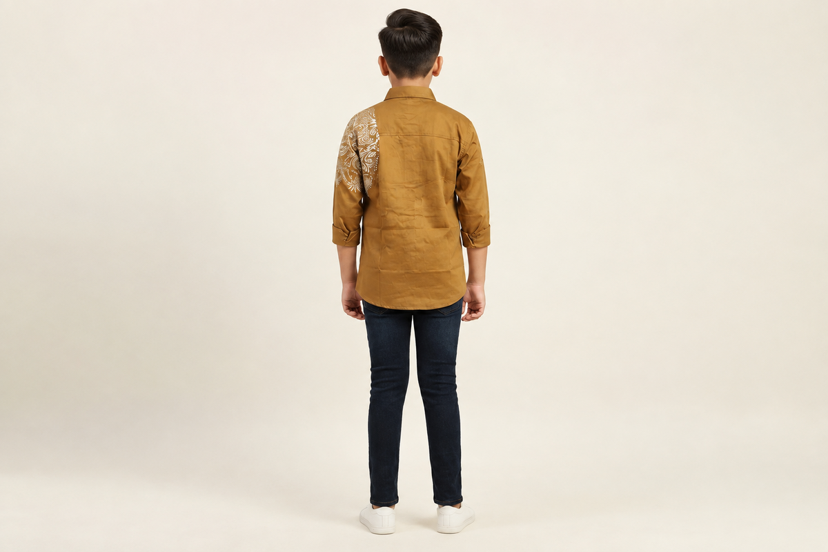 Boys Khaki Brown Tiger Embroidered Casual Shirt