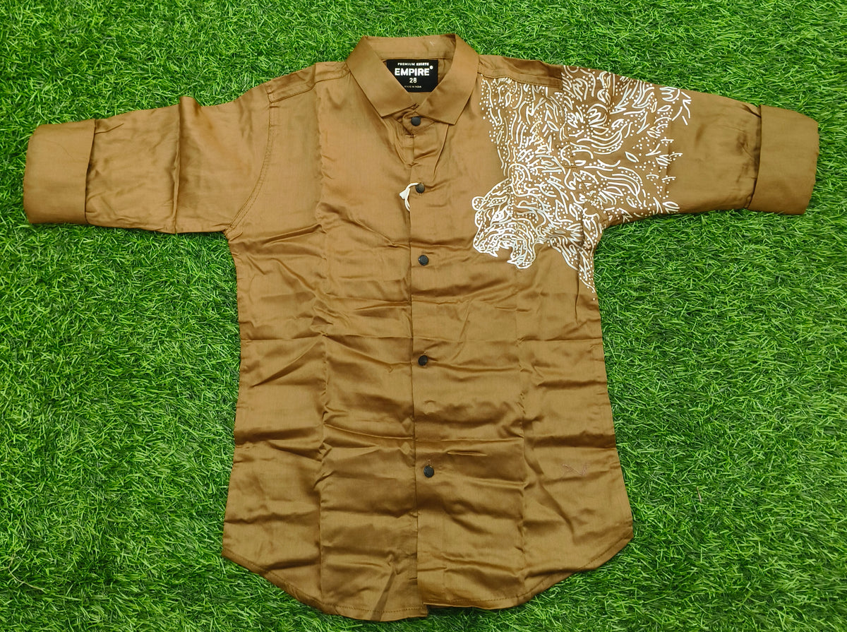 Boys Khaki Brown Tiger Embroidered Casual Shirt