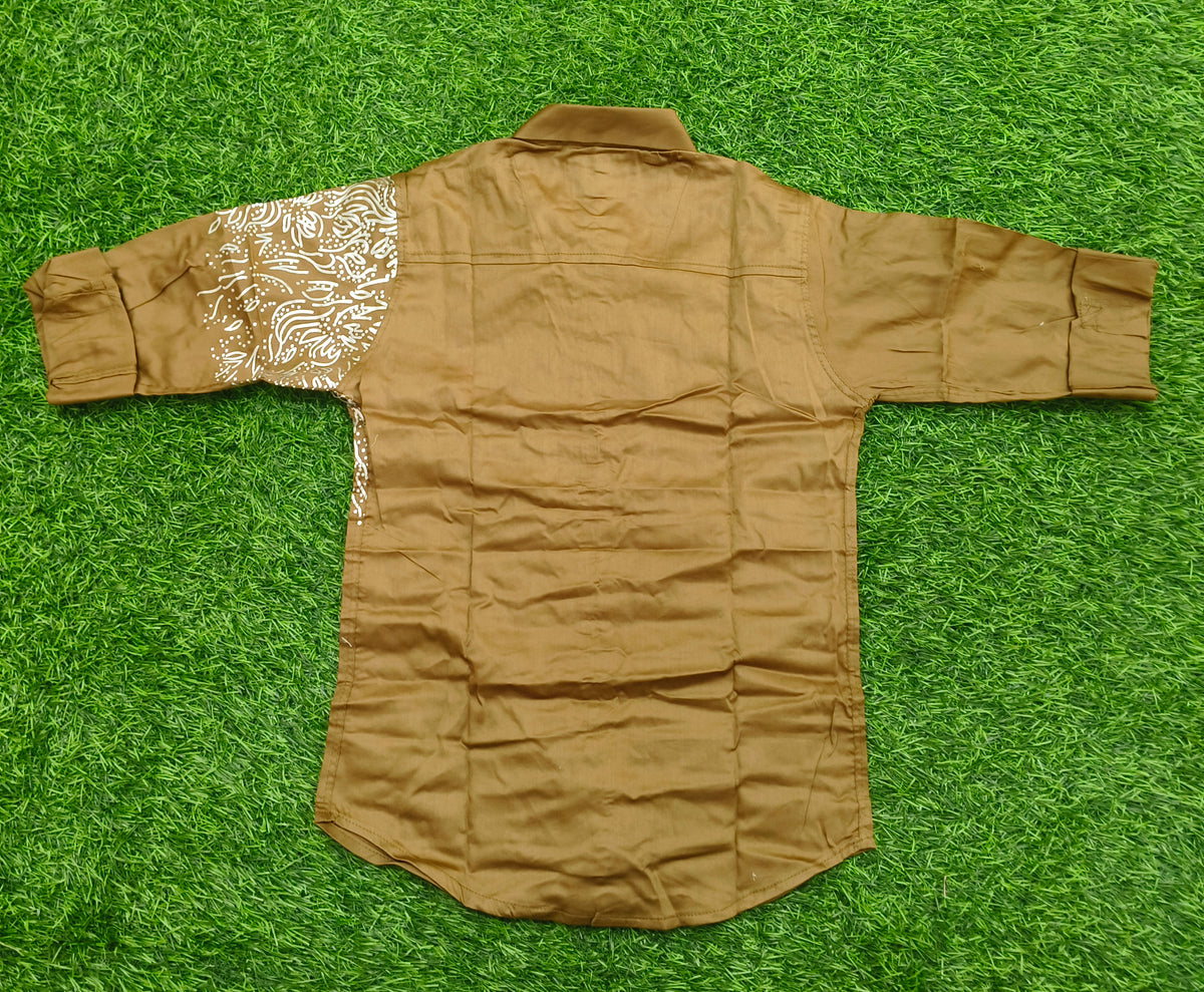 Boys Khaki Brown Tiger Embroidered Casual Shirt
