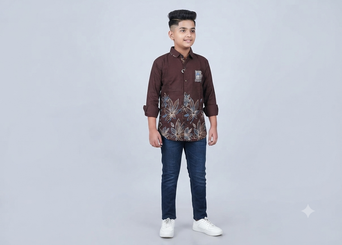 Boys Dark Brown Floral Print Casual Shirt