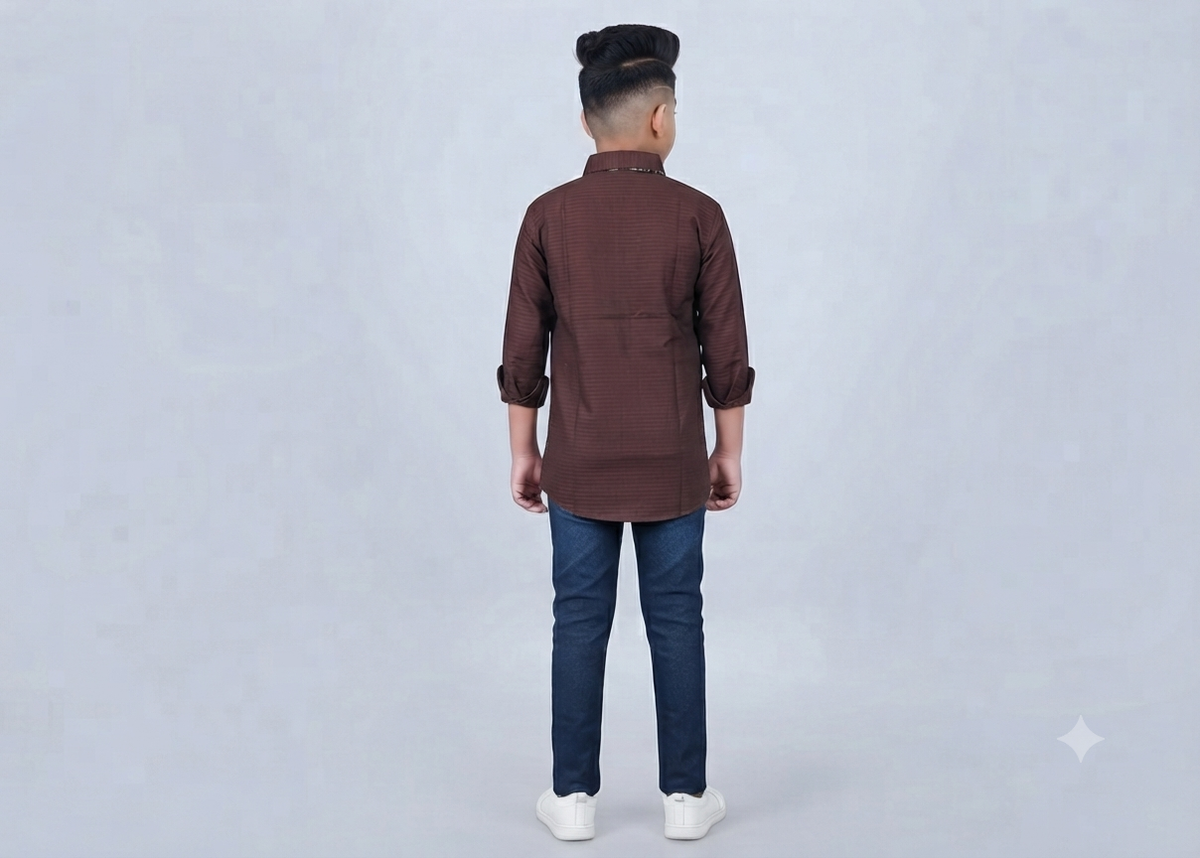 Boys Dark Brown Floral Print Casual Shirt