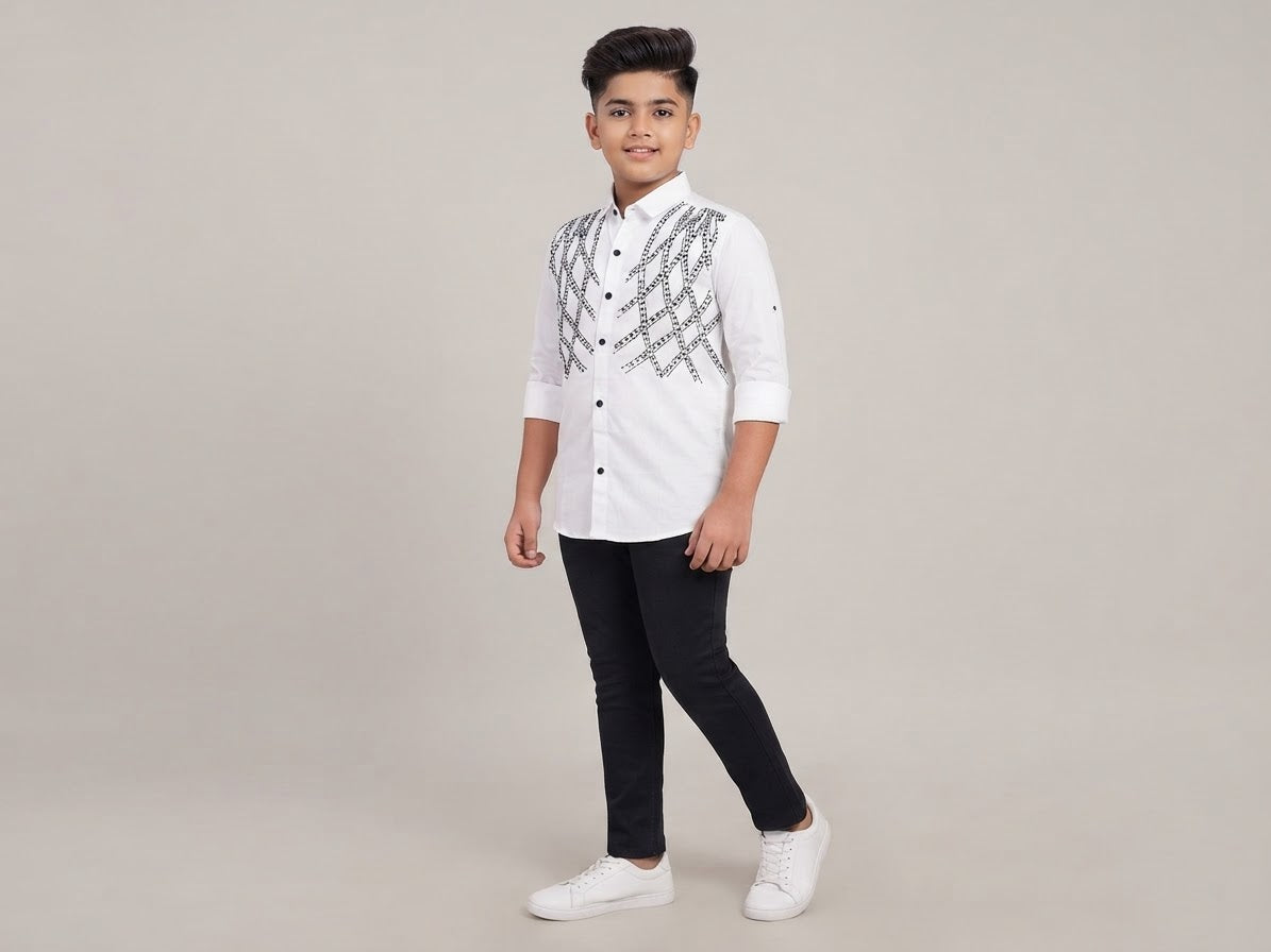 Boys White Embellished Casual Shirt