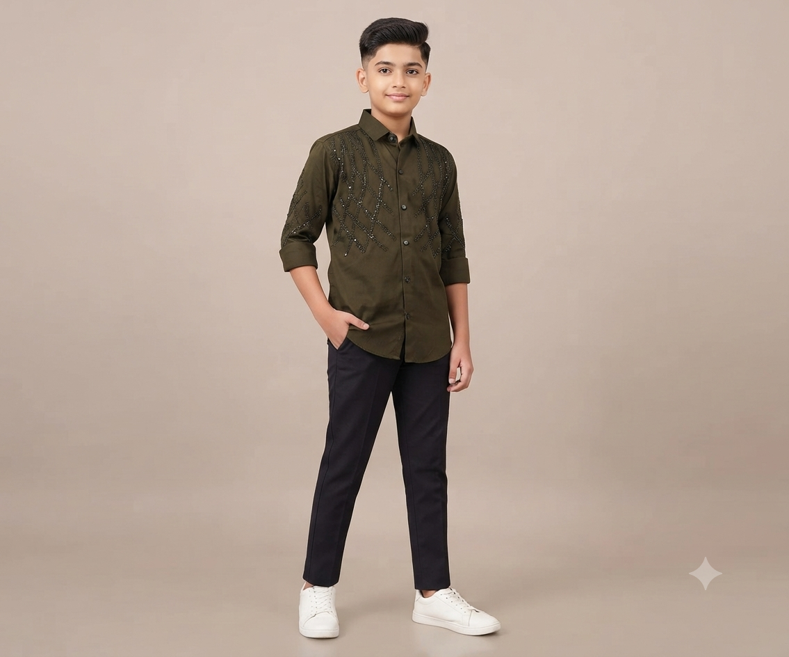Boys Dark Olive Green Embellished Casual Shirt