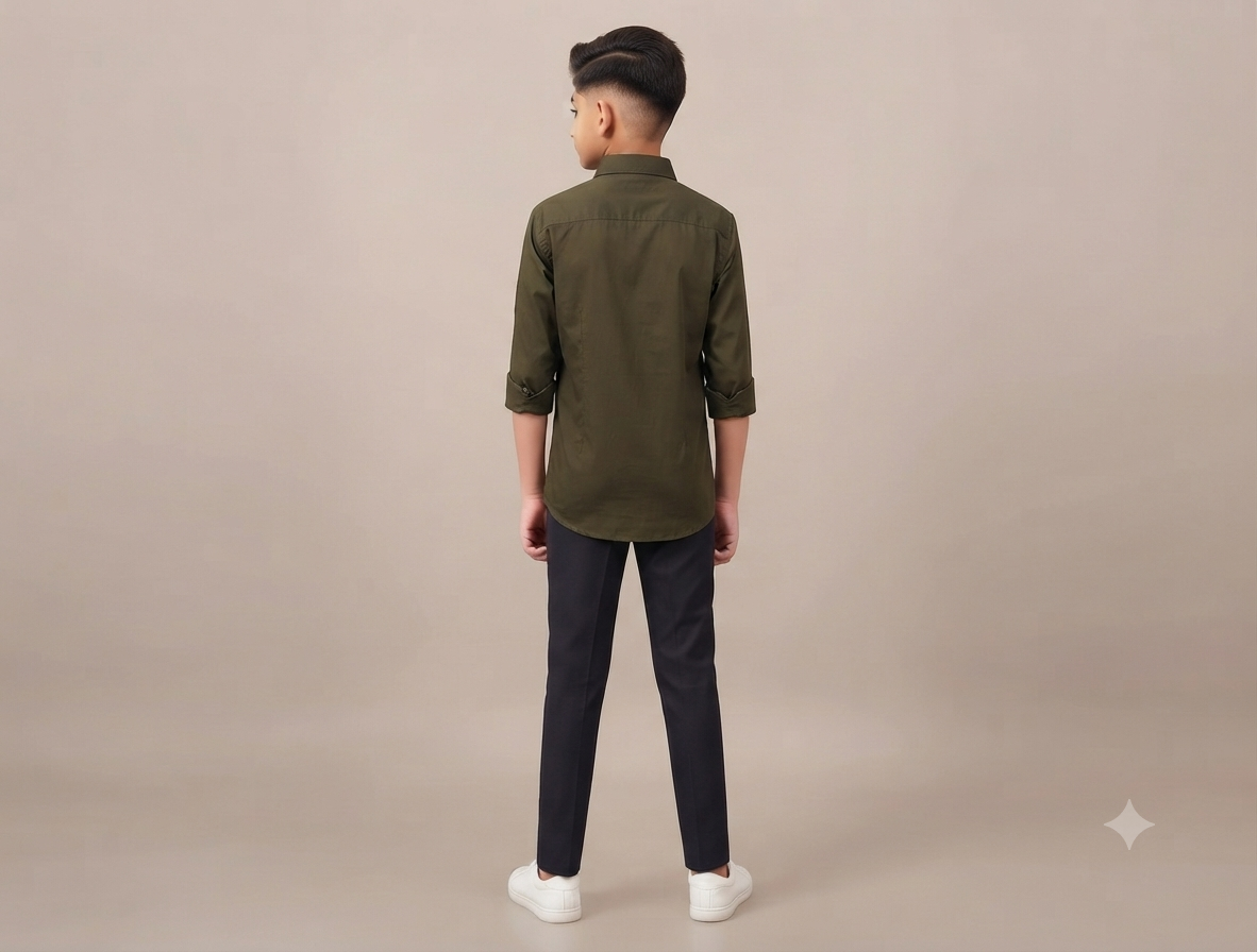 Boys Dark Olive Green Embellished Casual Shirt