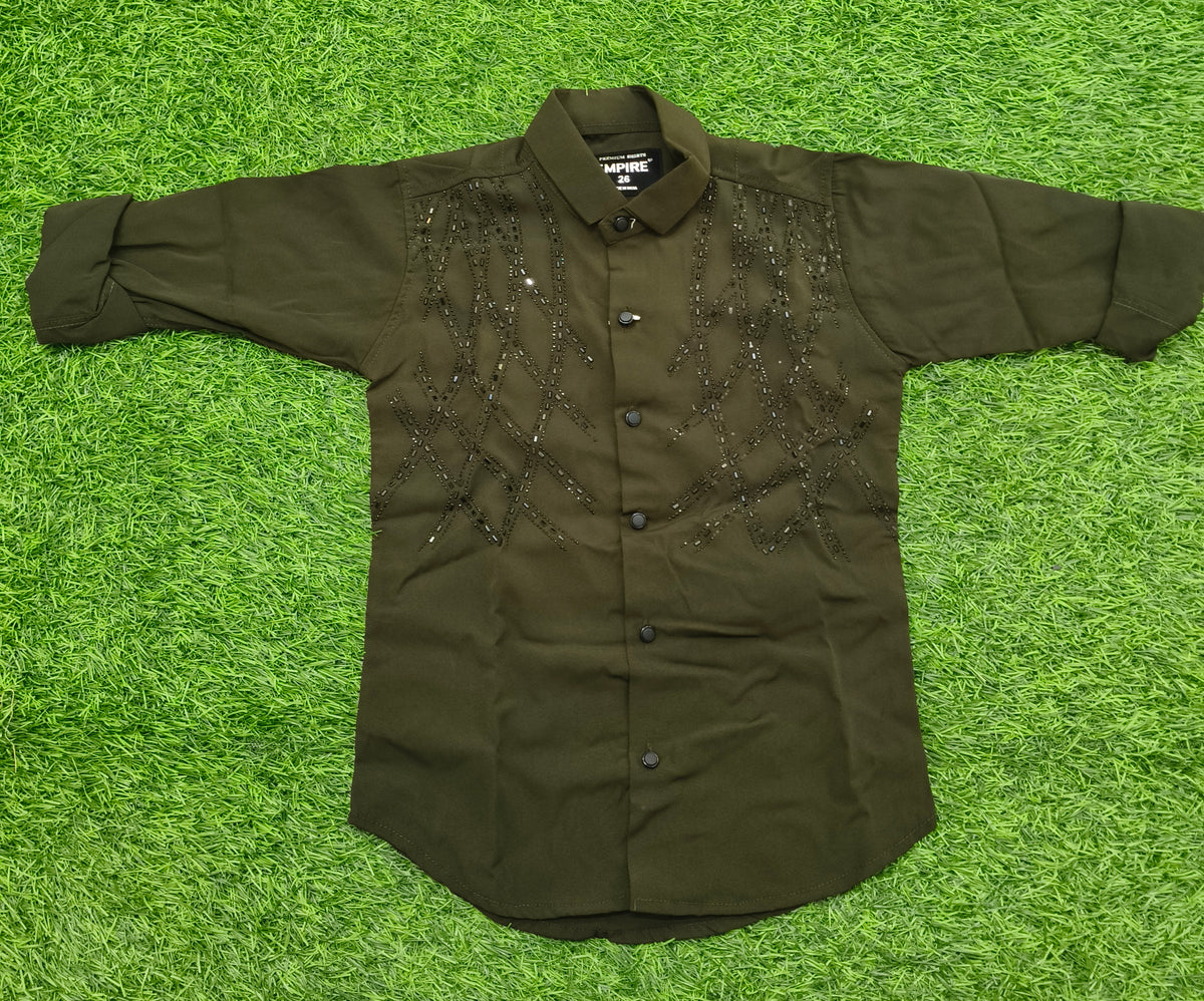 Boys Dark Olive Green Embellished Casual Shirt