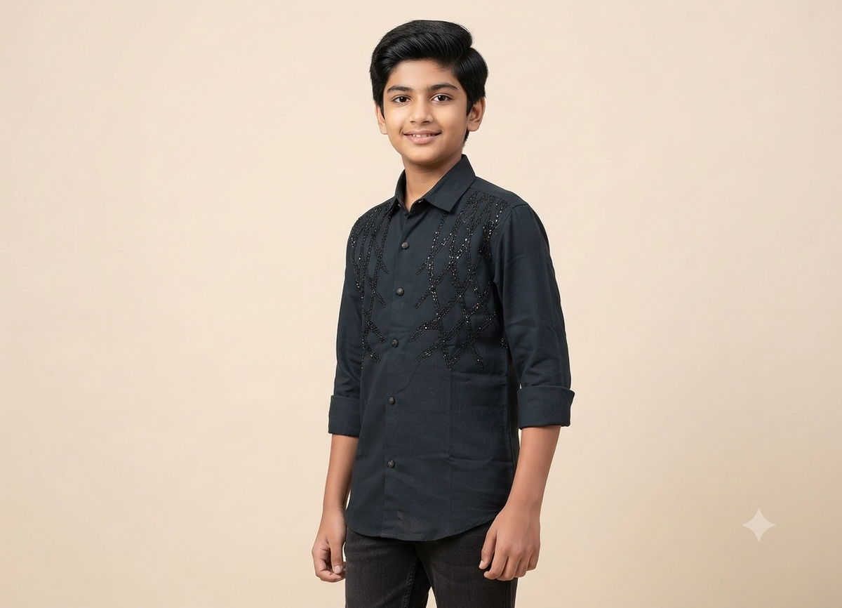 Boys Dark Green Embellished Casual Shirt