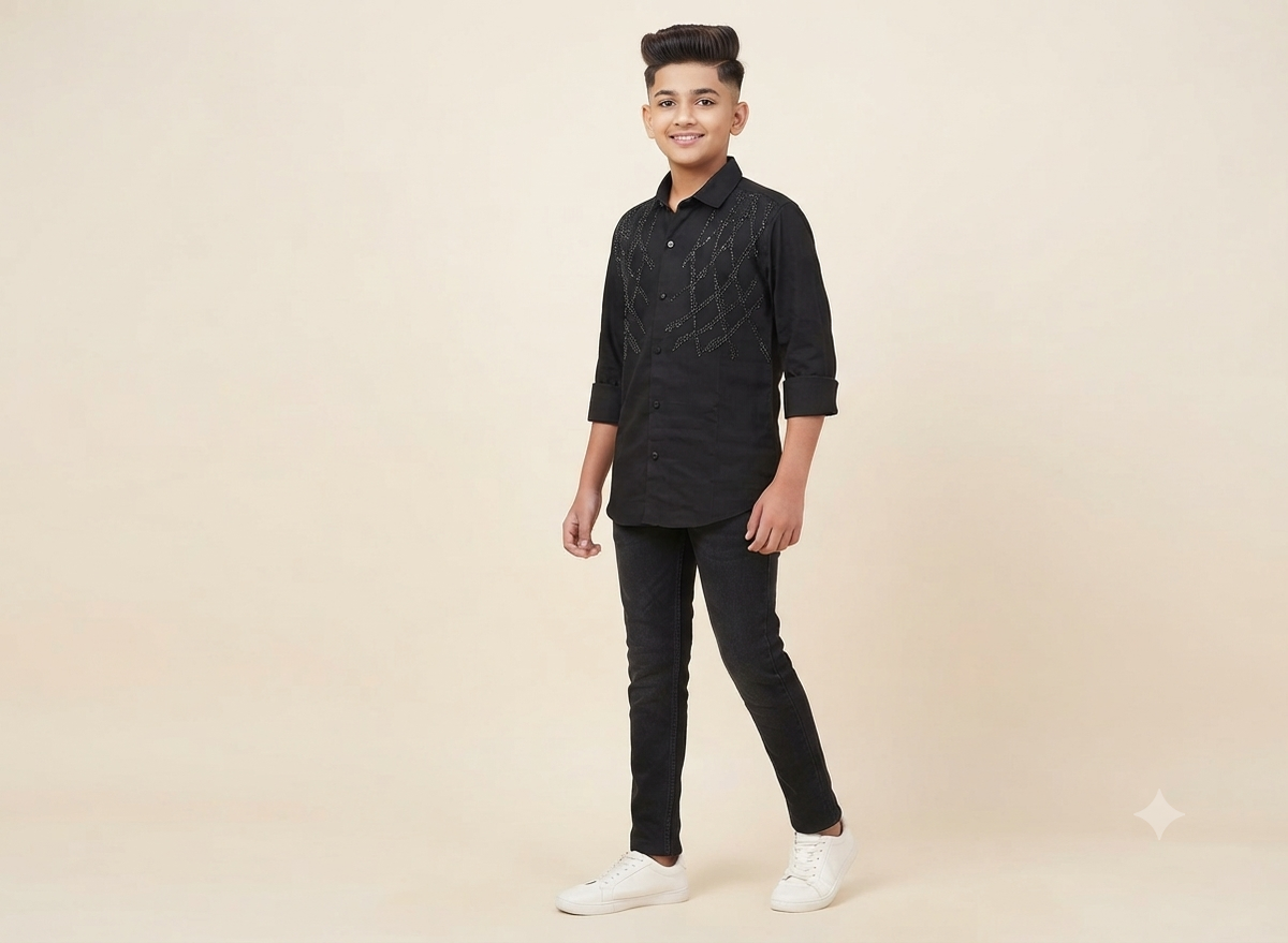 Boys Black Embellished Casual Shirt