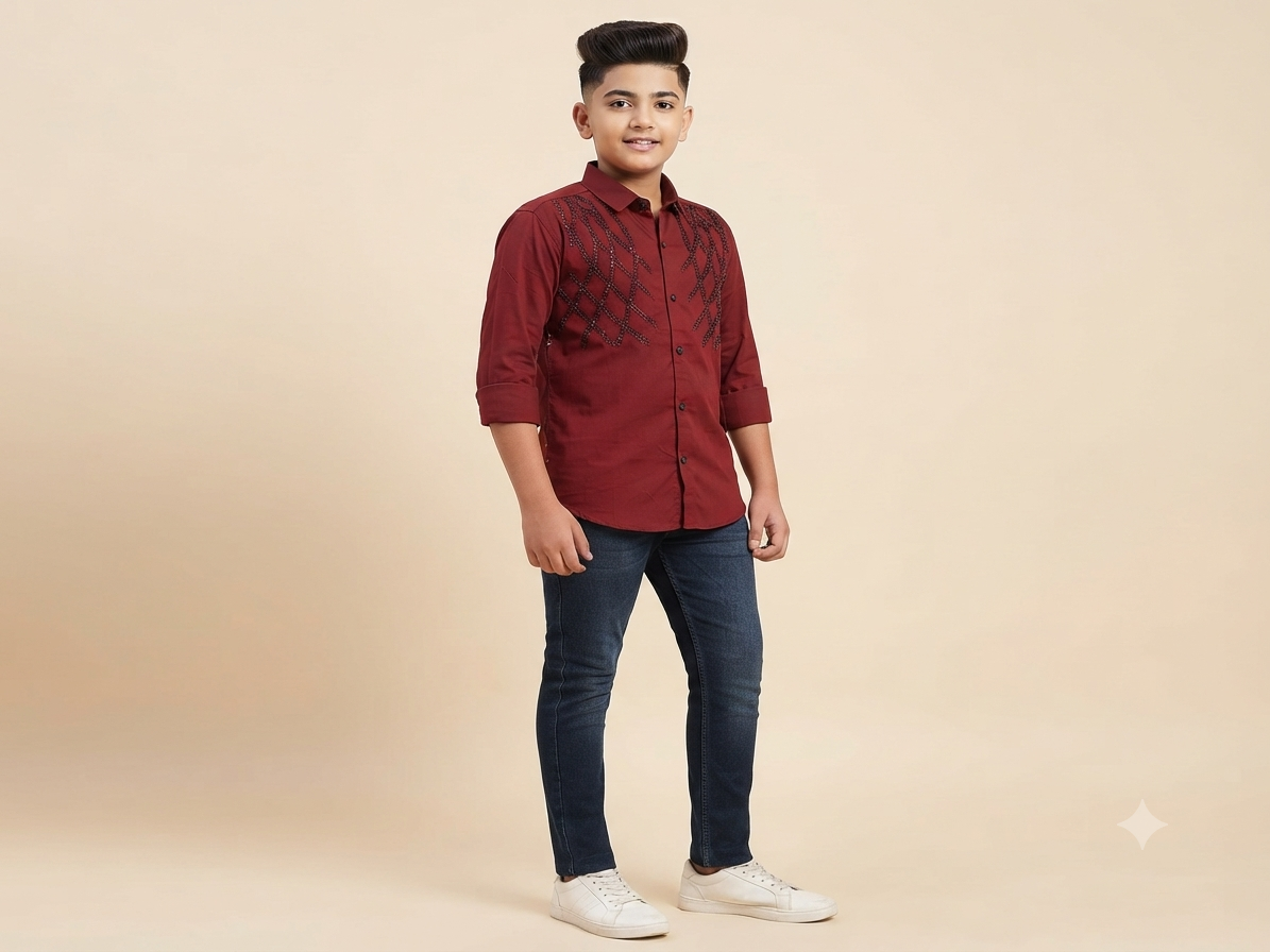 Boys Maroon Embellished Casual Shirt