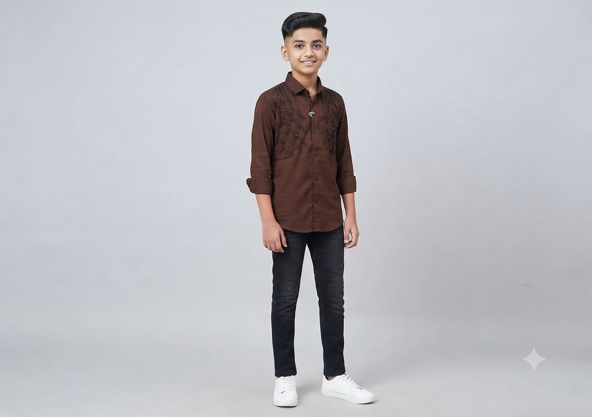 Boys Brown Embellished Casual Shirt