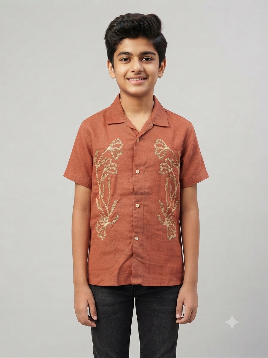 Boys Rust Brown Embroidered Short-Sleeve Casual Shirt