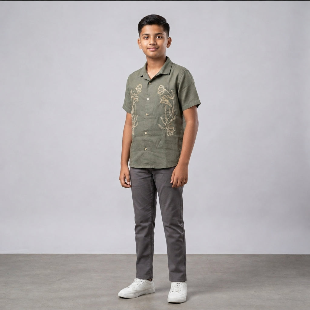 Boys Sage Green Embroidered Short-Sleeve Casual Shirt
