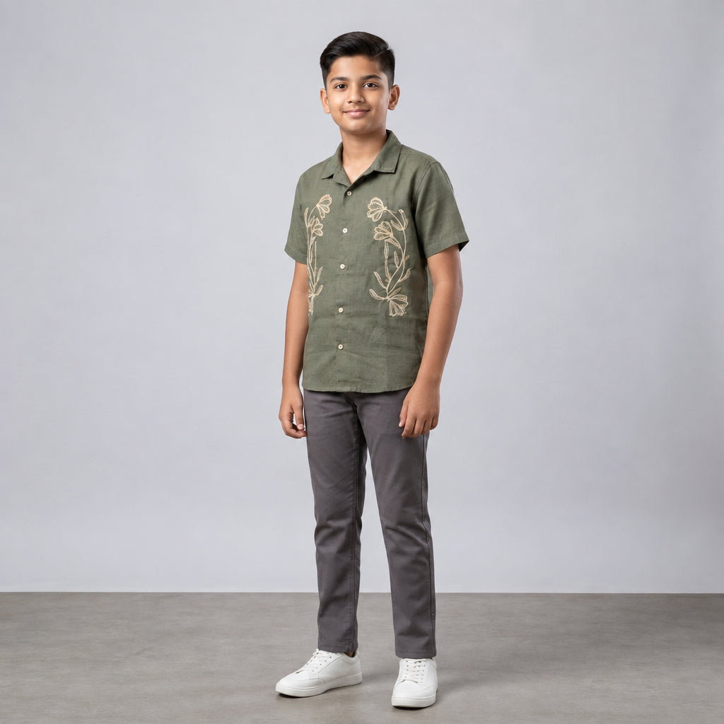 Boys Olive Green Floral Embroidered Half Sleeve Shirt