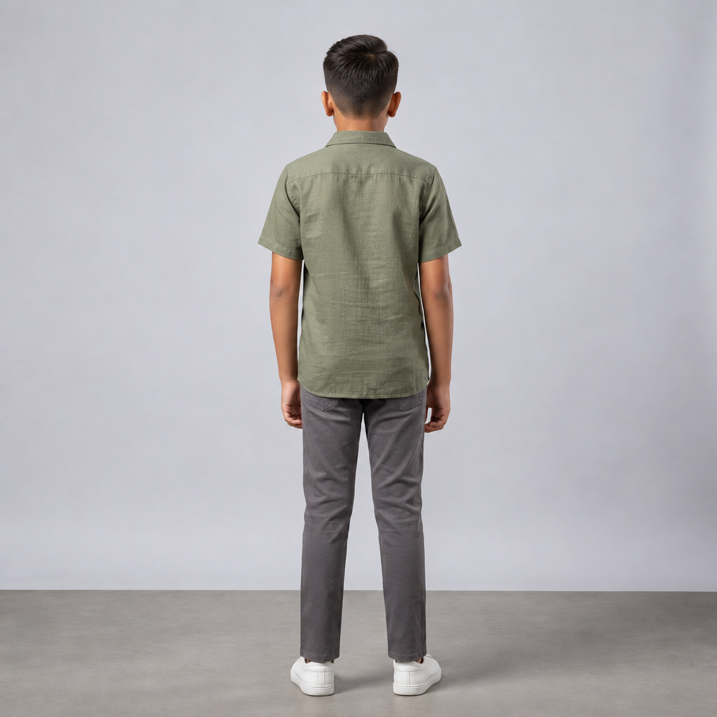Boys Sage Green Embroidered Short-Sleeve Casual Shirt