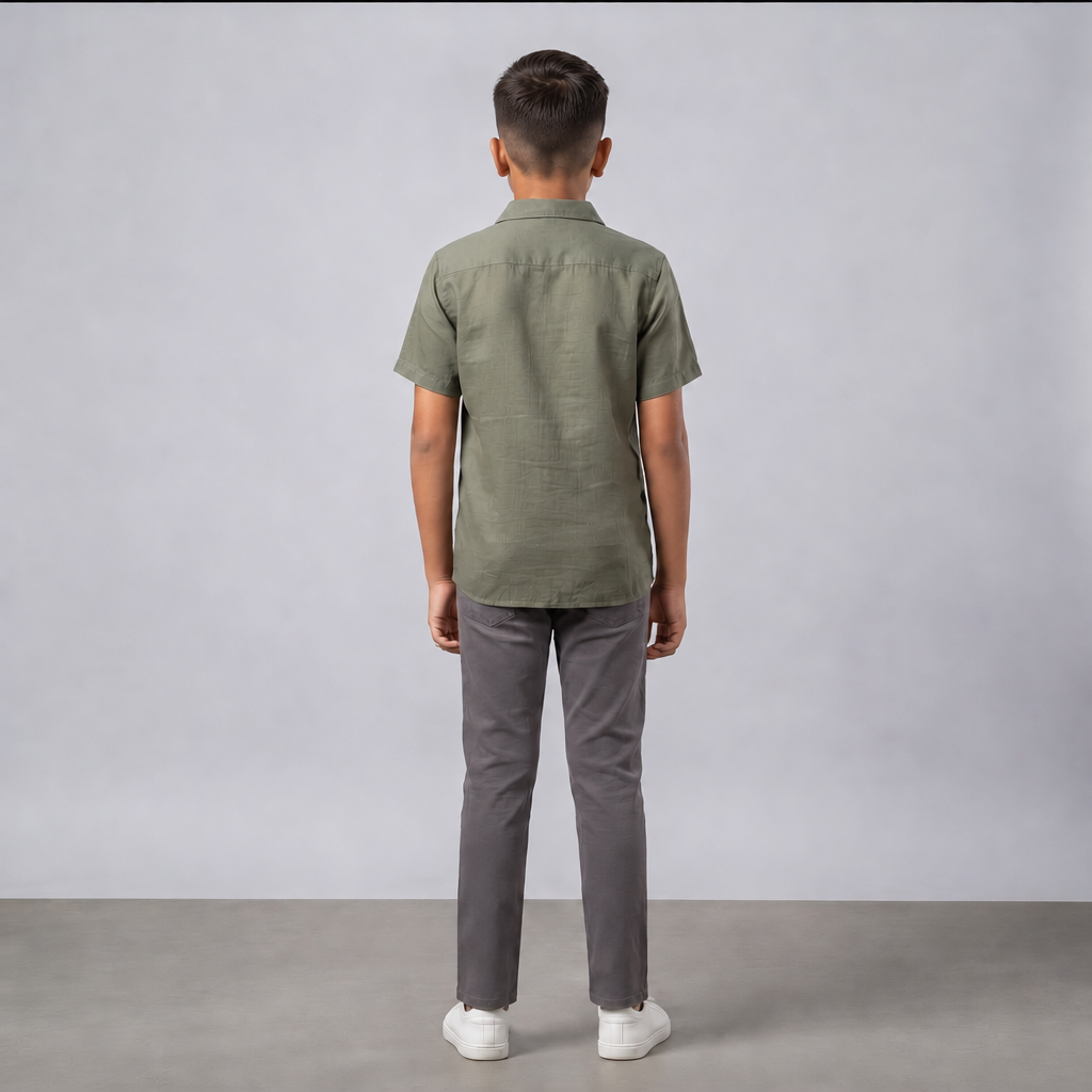Boys Olive Green Floral Embroidered Half Sleeve Shirt