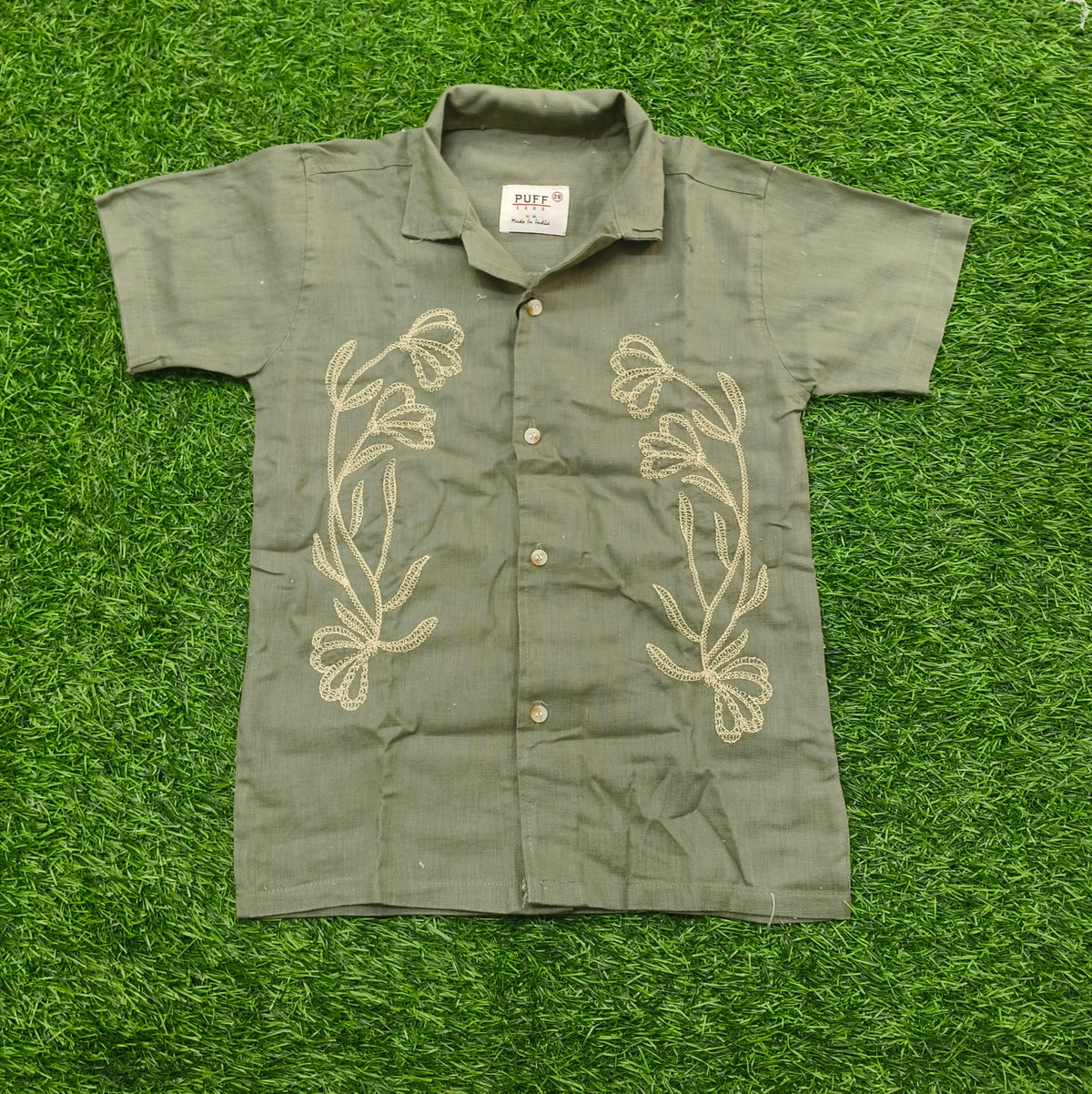 Boys Sage Green Embroidered Short-Sleeve Casual Shirt