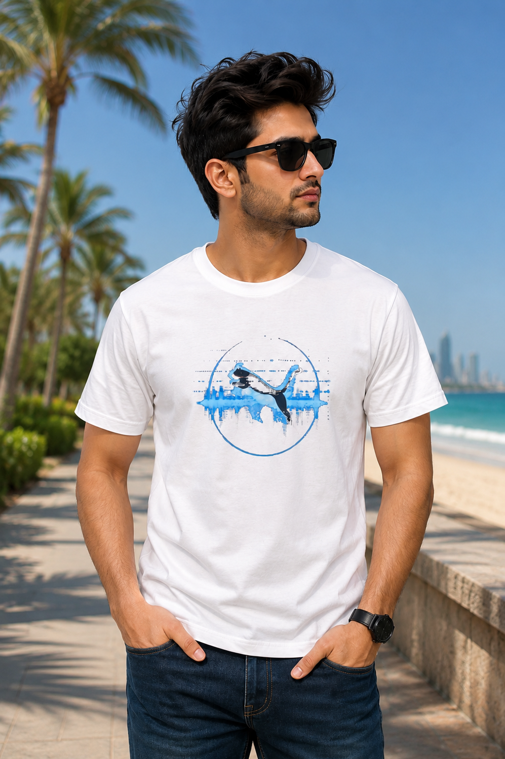 PUMA Men’s White Blue Logo Graphic Printed Round Neck T-Shirt
