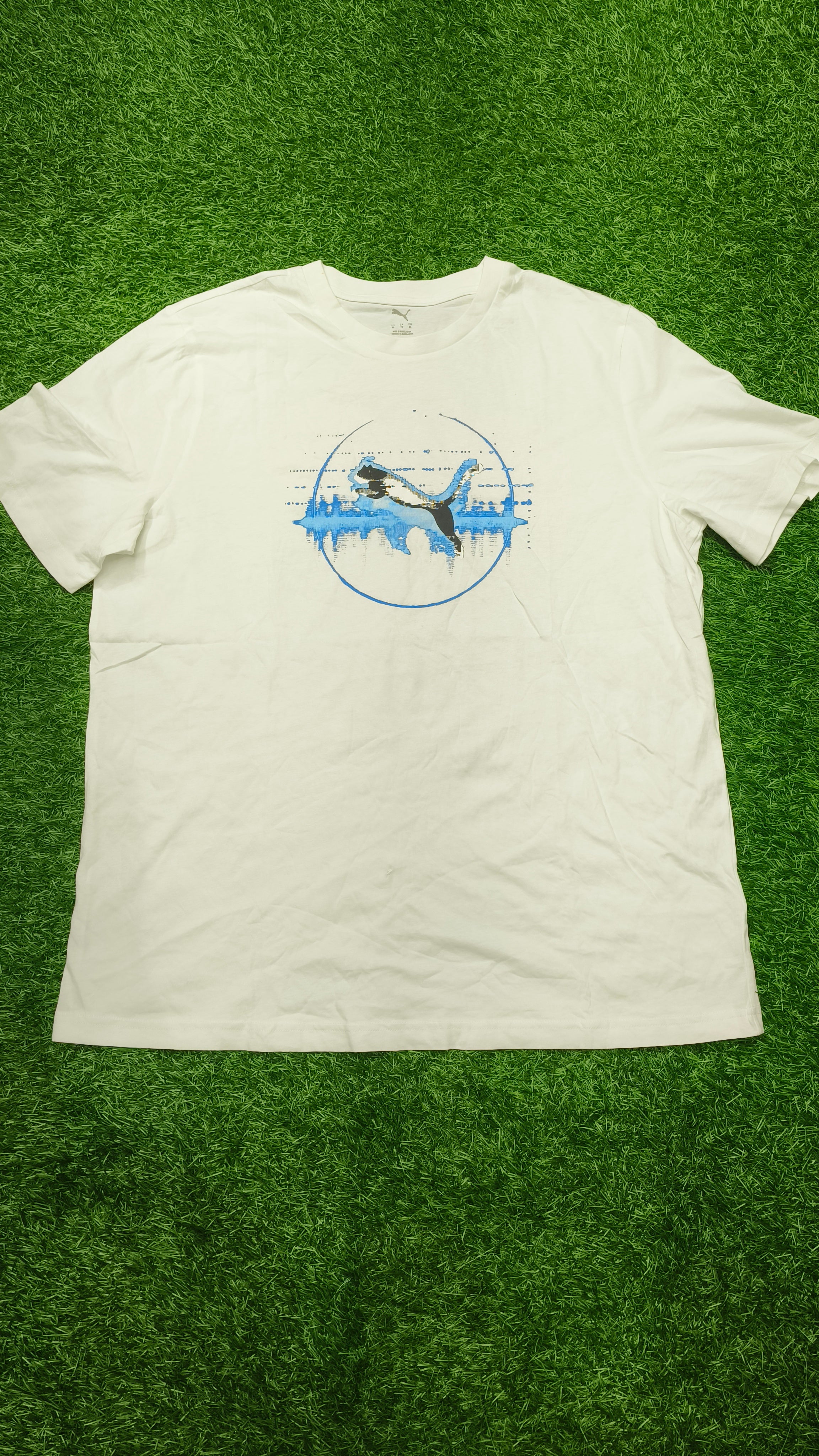 PUMA Men’s White Blue Logo Graphic Printed Round Neck T-Shirt