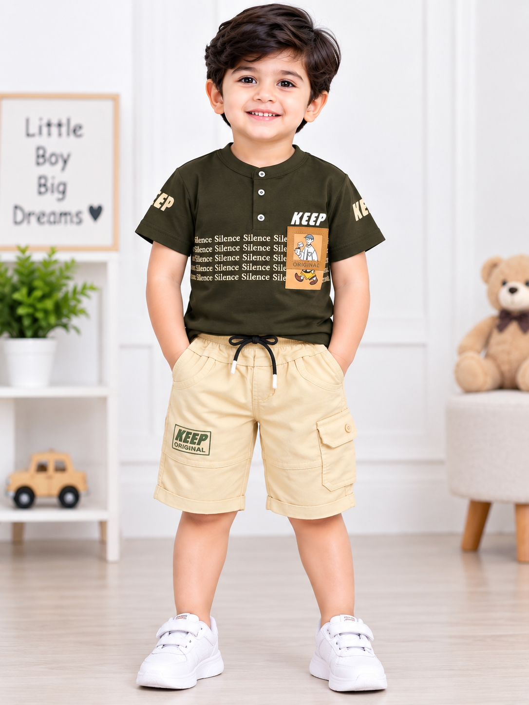 Boys Olive Green Printed T-Shirt & Beige Cargo Short Set