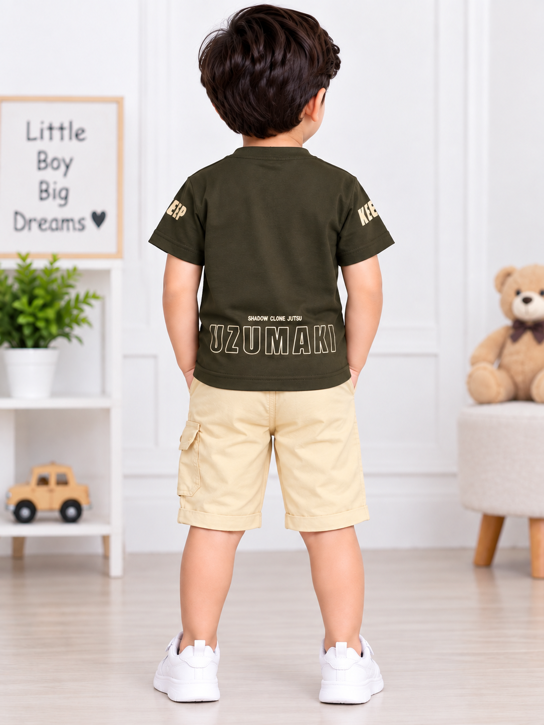 Boys Olive Green Printed T-Shirt & Beige Cargo Short Set