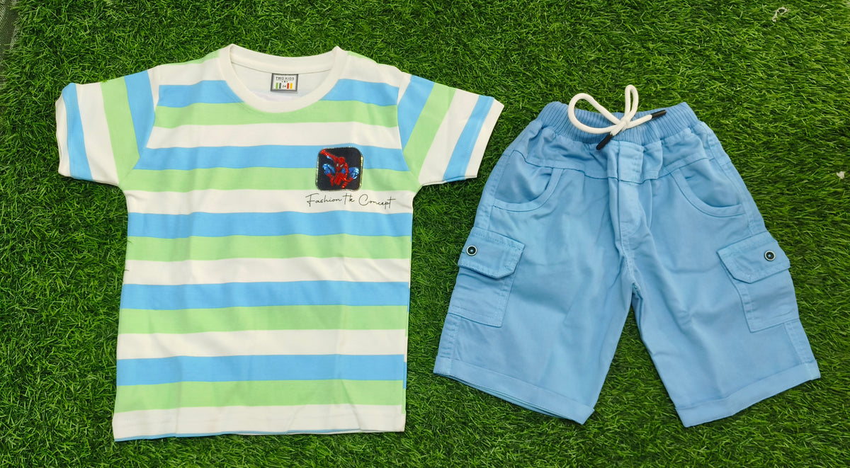 Boys Multicolour Striped T-Shirt & Sky Blue Cargo Short Set