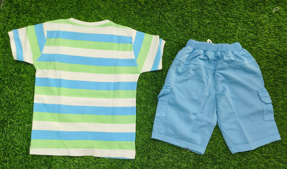 Boys Multicolour Striped T-Shirt & Sky Blue Cargo Short Set