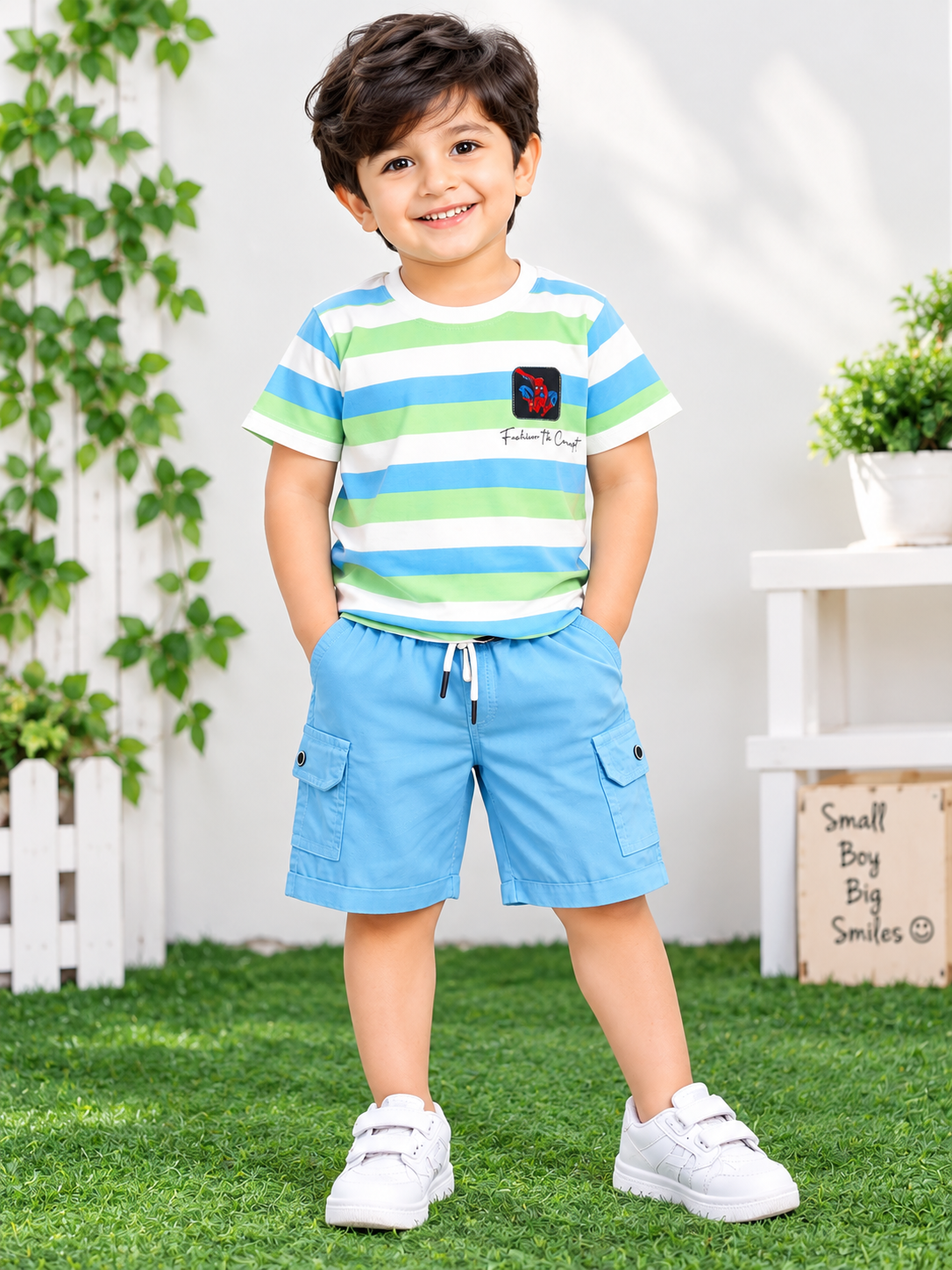 Boys Multicolour Striped T-Shirt & Sky Blue Cargo Short Set