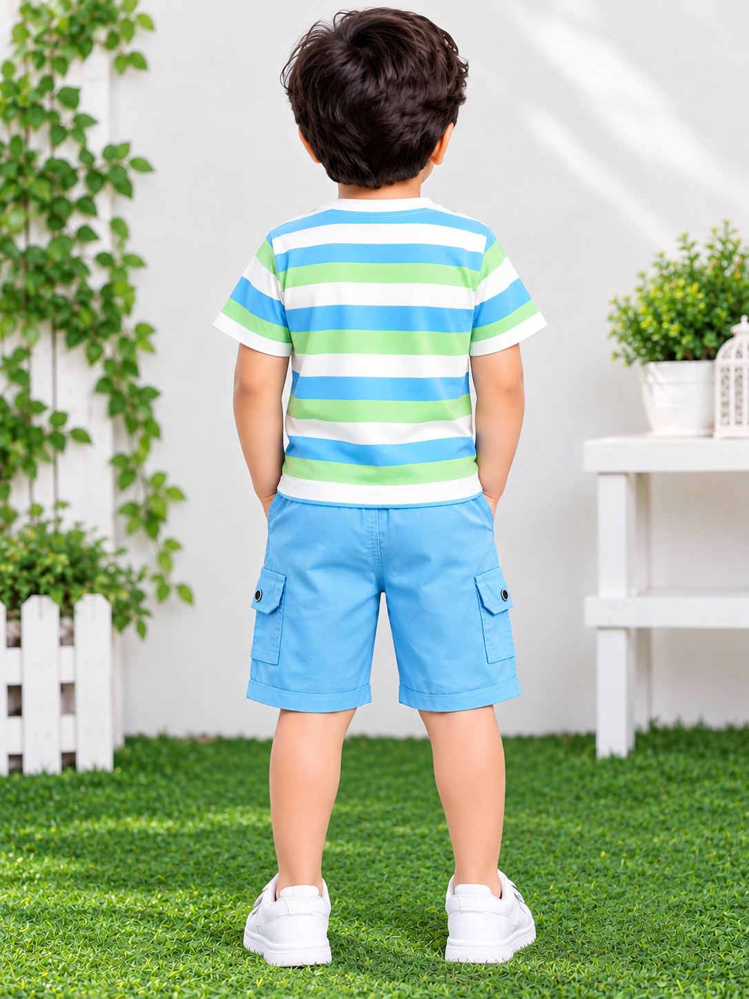 Boys Multicolour Striped T-Shirt & Sky Blue Cargo Short Set