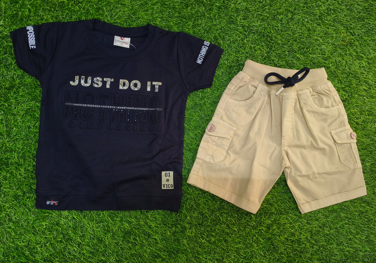Boys Navy Blue Printed T-Shirt & Beige Cargo Short Set
