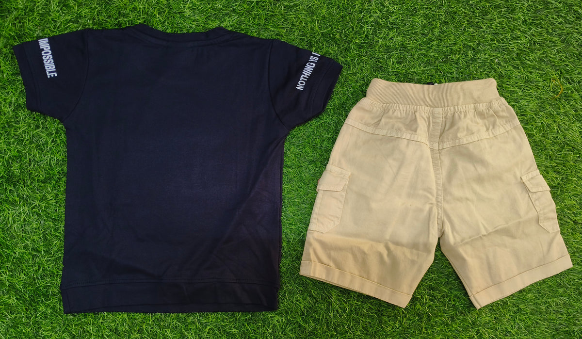 Boys Navy Blue Printed T-Shirt & Beige Cargo Short Set