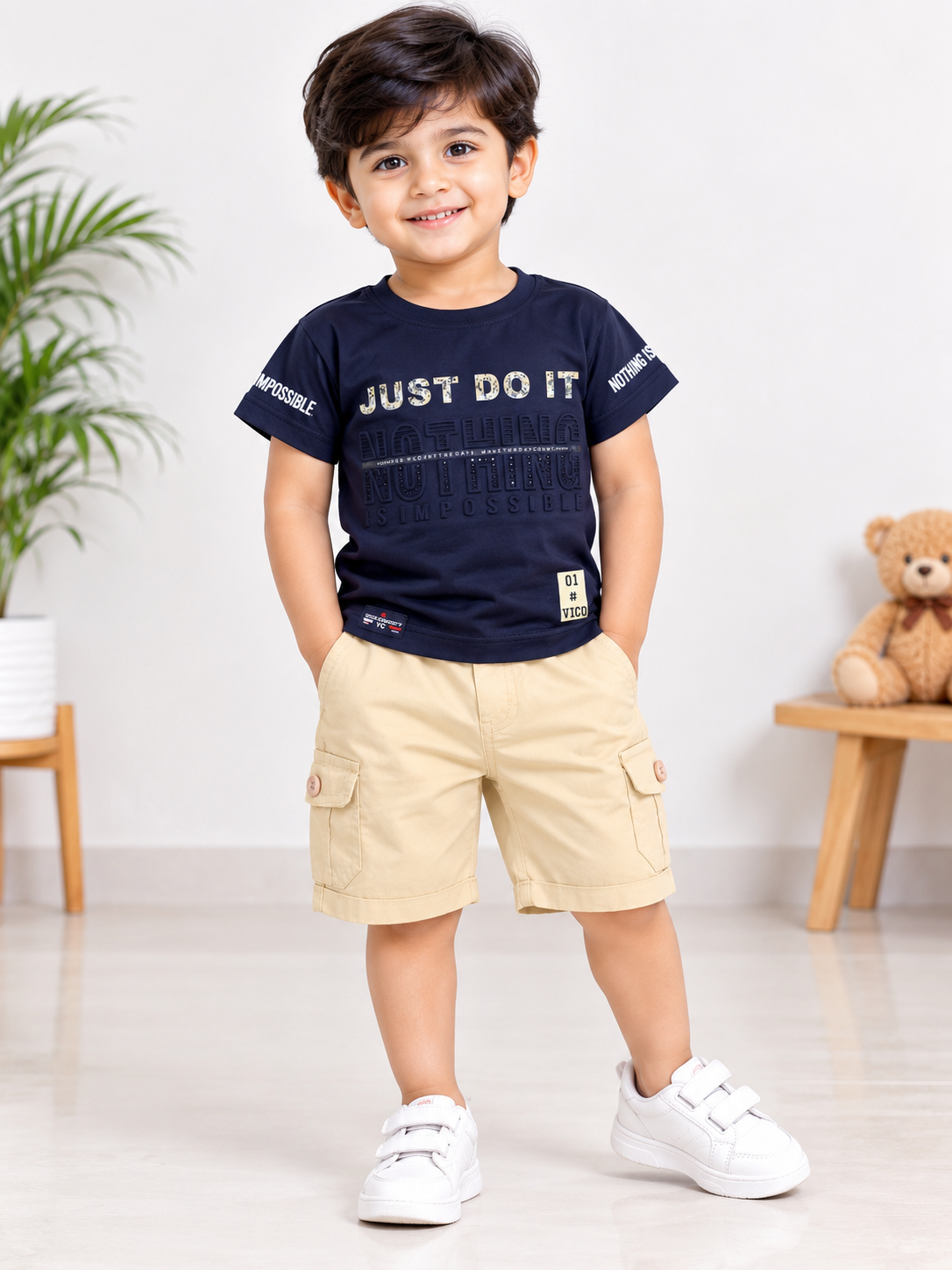 Boys Navy Blue Printed T-Shirt & Beige Cargo Short Set