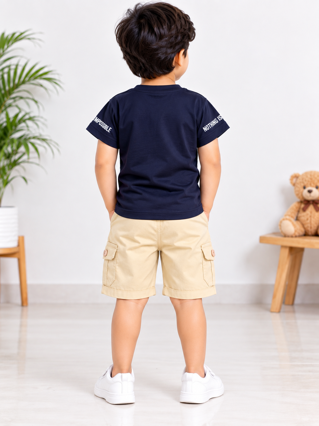 Boys Navy Blue Printed T-Shirt & Beige Cargo Short Set
