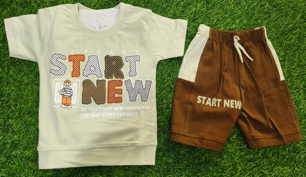 Boys Cream Printed T-Shirt & Brown Short Set