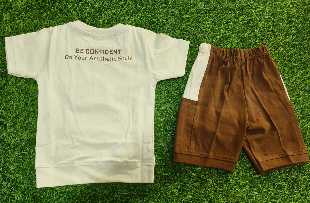 Boys Cream Printed T-Shirt & Brown Short Set