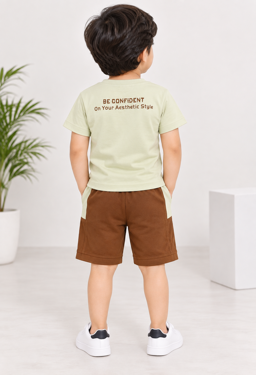Boys Cream Printed T-Shirt & Brown Short Set