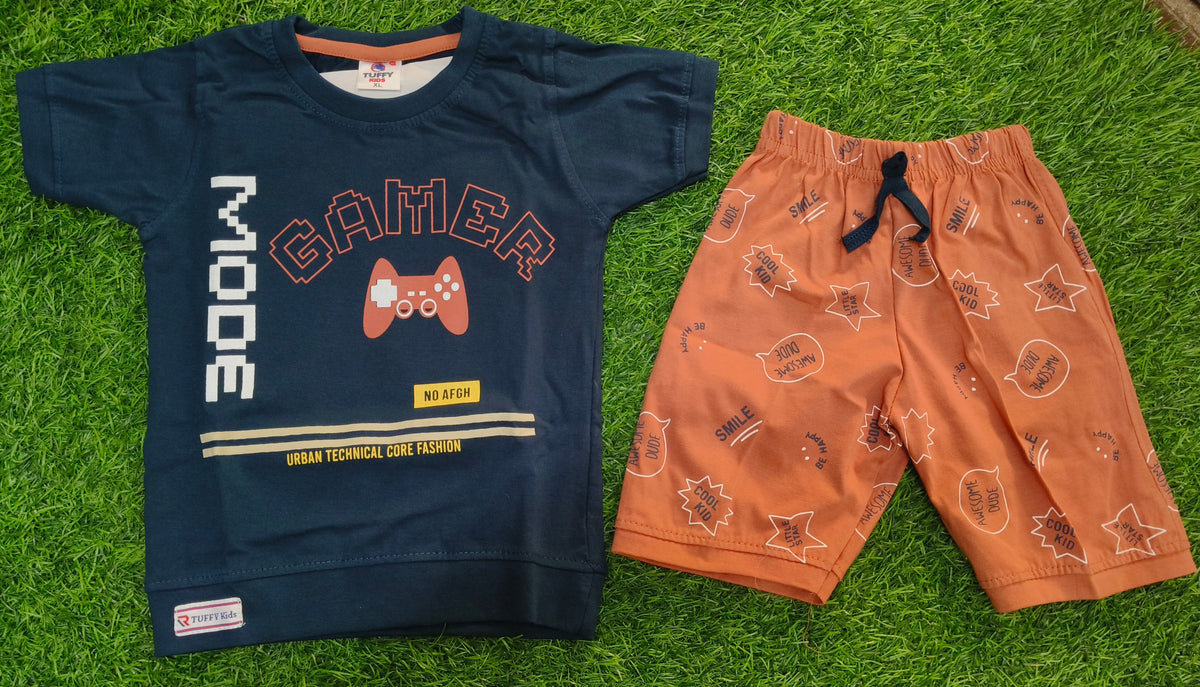Boys Navy Blue Gamer Printed T-Shirt & Rust Orange Short Set