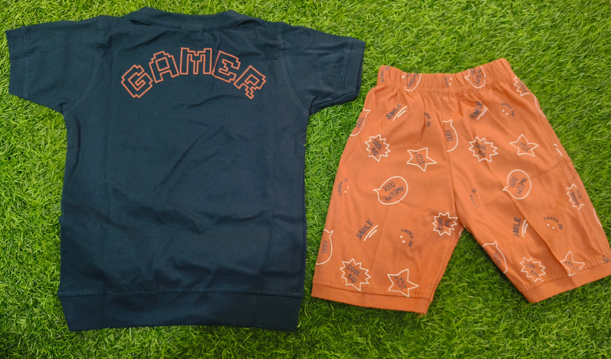 Boys Navy Blue Gamer Printed T-Shirt & Rust Orange Short Set